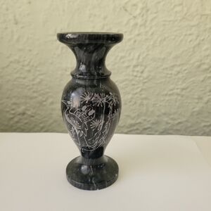 Vintage Marble Natural Stone Vase 5.5” Tall Black Hand Echted.